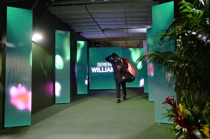 Serena Williams prepares to enter the court as she makes her singles tennis comeback at Indian Wells, California. The American hadn't played an official singles match since winning the Australian Open in 2017 while pregnant. 