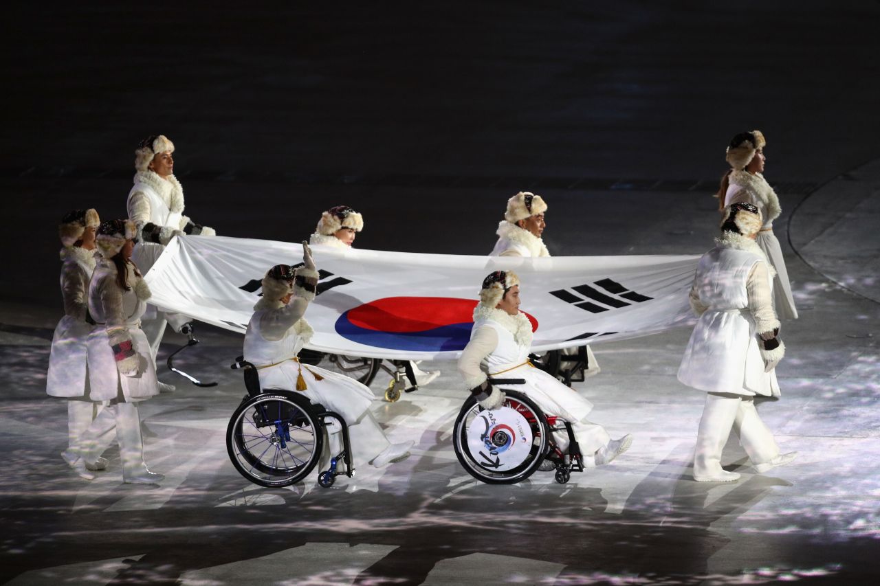 The South Korean flag enters the stadium during the opening ceremony of the PyeongChang Games.