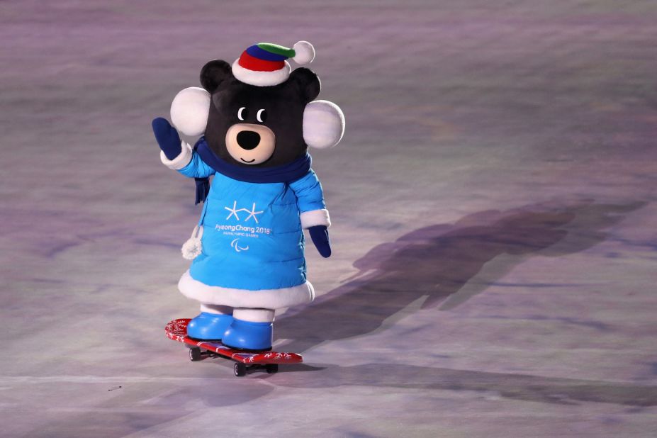 PyeongChang Paralympics mascot Bandabi skateboards into the arena during the ceremony. 