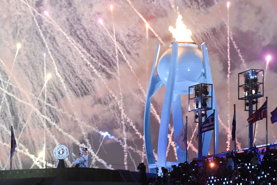 Fireworks explode as the Paralympic cauldron is lit to mark the official start of the 2018 PyeongChang Games.