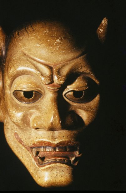 His photos have captured different types of theatrical mask, including Yakan, pictured, a demon mask with two short horns and wild hair.