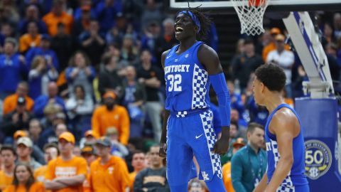 Kentucky Wildcats forward Wenyen Gabriel (32) reacts after a basket during the second half of the SEC Conference Tournament Championship game against the Tennessee Volunteers at Scottrade Center. Kentucky won 77-72. 