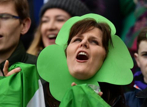 An Irish fan is in full voice as she celebrates her team's first title since 2015 and the prospect of a first grand slam since 2009. 