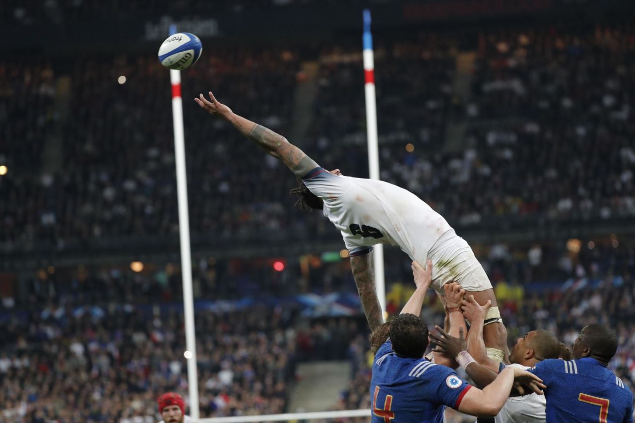 England lock Courtney Lawes loses grip of a line out at the Stade de France. 