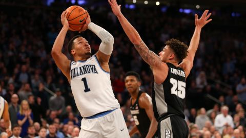 Villanova Wildcats guard Jalen Brunson (1) looks to take a shot against Providence Friars guard Drew Edwards (25) during the second half of the Big East Conference Tournament Championship at Madison Square Garden.