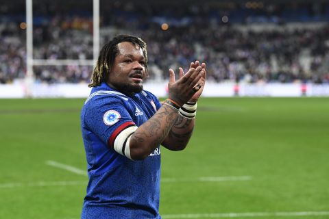 Center Mathieu Bastareaud salutes the crowd. France has won both its games since his return to the side.