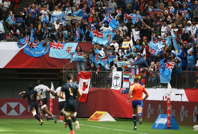 Fiji fans celebrate in <a >Vancouver</a> where their country secured its second win of the Sevens World Series.