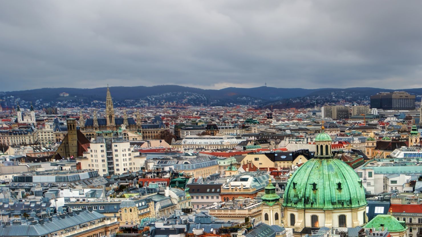 Aerial scenic view of city center from St. Stephen's Cathedral in Vienna, Austria