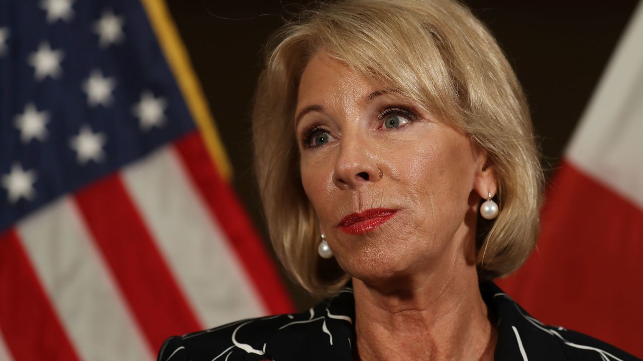 CORAL SPRINGS, FL - MARCH 07:  U.S. Education Secretary Betsy DeVos speaks to the news during a press conference held at the Heron Bay Marriott about her visit to Marjory Stoneman Douglas High School in Parkland on March 7, 2018 in Coral Springs, Florida.  DeVos was visiting the high school following the February 14 shooting that killed 17 people.  (Photo by Joe Raedle/Getty Images)