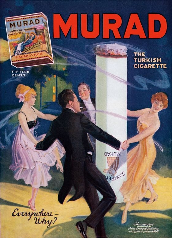 "This is a great example of the lush illustration used at the time and it shows a kind of surrealistic, whimsical approach with people dancing around a giant cigarette," said Jim Heimann, author of <a href="https://www.taschen.com/pages/en/catalogue/popculture/all/49389/facts.jim_heimann_20th_century_alcohol_tobacco_ads.htm" target="_blank" target="_blank">"20th Century Alcohol & Tobacco Ads."</a>