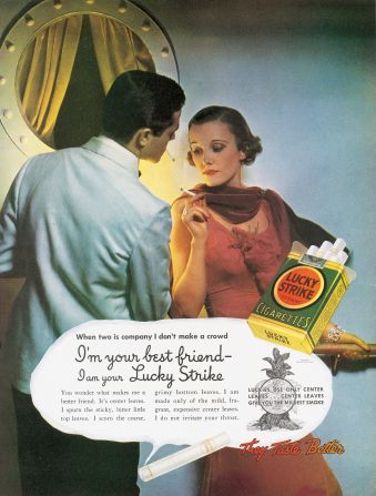 This vintage Lucky Strike ad from 1935 is representative of the kind of imagery and concepts that were once used to sell cigarettes. It show a couple enjoying a smoke in a luxury setting, and touts the smoothness of the tobacco, described as giving "the mildest smoke" that doesn't irritate the throat. It would be decades before health considerations even played a role.