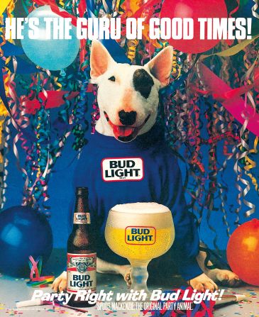 In a Super Bowl ad in 1987, Budweiser debuted Spuds MacKenzie, a bull terrier mascot. <br /><br />"Spuds McKenzie was a hugely successful campaign and it even spawned merchandise that you could get through a contest -- an idea probably taken from Joe Camel, of buying into a product indirectly through some kind of cartoon character."