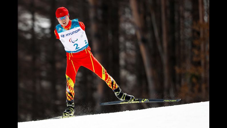 China's Chenyang Wang skis during a Paralympics race on Monday, March 12. The Winter Paralympics are taking place in Pyeongchang, South Korea, through March 18.