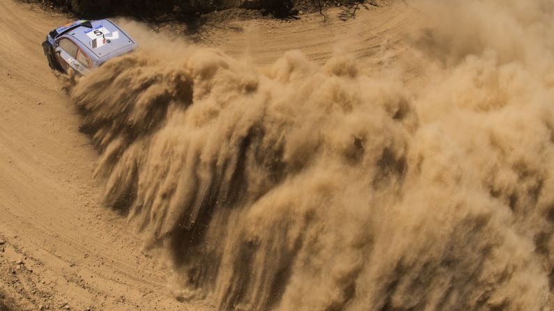 Dirt flies from the car of Thierry Neuville during the Rally Mexico race on Friday, March 9.
