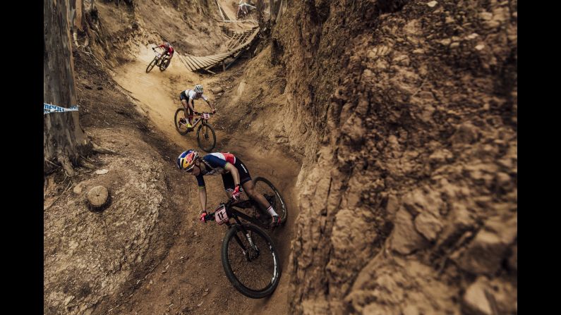 Mountain bikers compete in a World Cup race in Stellenbosch, South Africa, on Saturday, March 10.