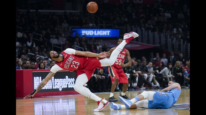 New Orleans forward Anthony Davis, left, loses the ball during an NBA game in Los Angeles on Tuesday, March 6. Davis still had a game-high 41 points to lead the Pelicans to a 121-116 victory over the Clippers. It was their ninth straight win.