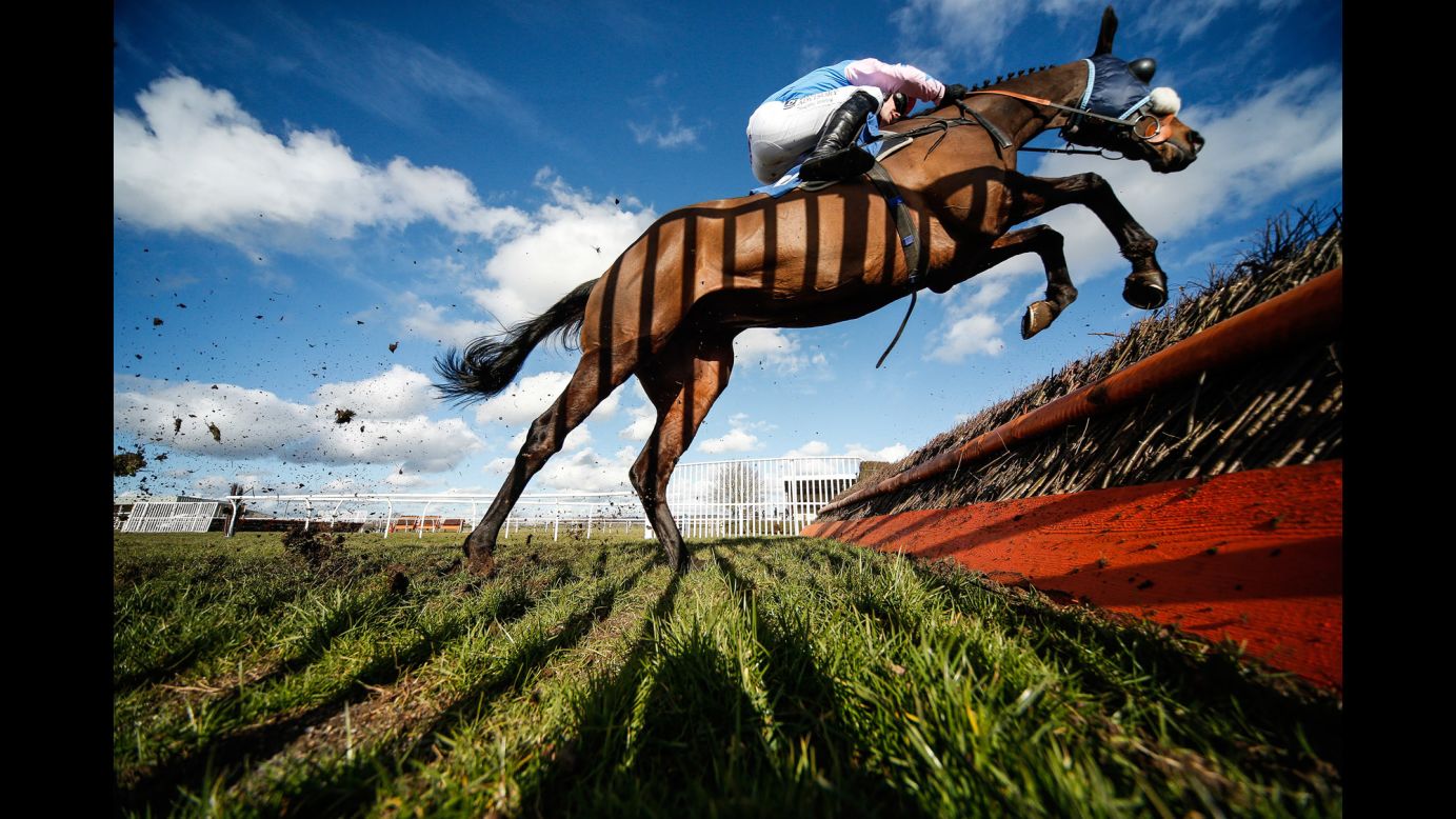 A shadow is cast on Thedrinkymeister as the racehorse clears a jump in Wincanton, England, on Thursday, March 8. 