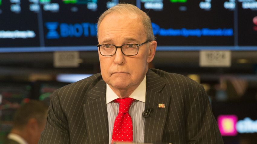 US conservative commentator and economic analyst Larry Kudlow speaks on the set of CNBC at the closing bell of the Dow Industrial Average at the New York Stock Exchange on March 8, 2018 in New York.