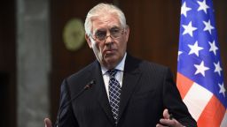 US Secretary of State Rex Tillerson holds a press conference with Nigeria's foreign minister in Abuja on March 12, 2018.

US Secretary of State Rex Tillerson on March 12 slammed last month's mass abduction of schoolgirls in northern Nigeria and promised Washington's "full support" in the country's fight against Boko Haram jihadists. He arrived from Chad, where he also promised support for a state fighting jihadism. His tour, which began last on MArch 7, has also included Ethiopia, Djibouti and Kenya.

 / AFP PHOTO / PIUS UTOMI EKPEI        (Photo credit should read PIUS UTOMI EKPEI/AFP/Getty Images)