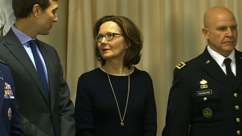Gina Haspel, center, speaks to Jared Kushner before a meeting between Secretary of Defense Jim Mattis and Saudi Arabia's Deputy Crown Prince and Minister of Defense Mohammed bin Salman at the Pentagon in March 2017.