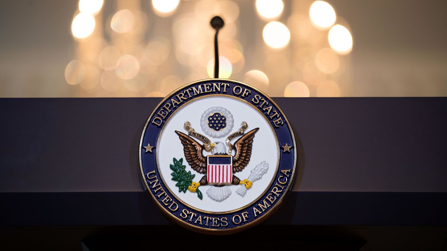 WASHINGTON, DC - JUNE 09:  A view of the State Department seal on the podium. (Photo by Drew Angerer/Getty Images)
