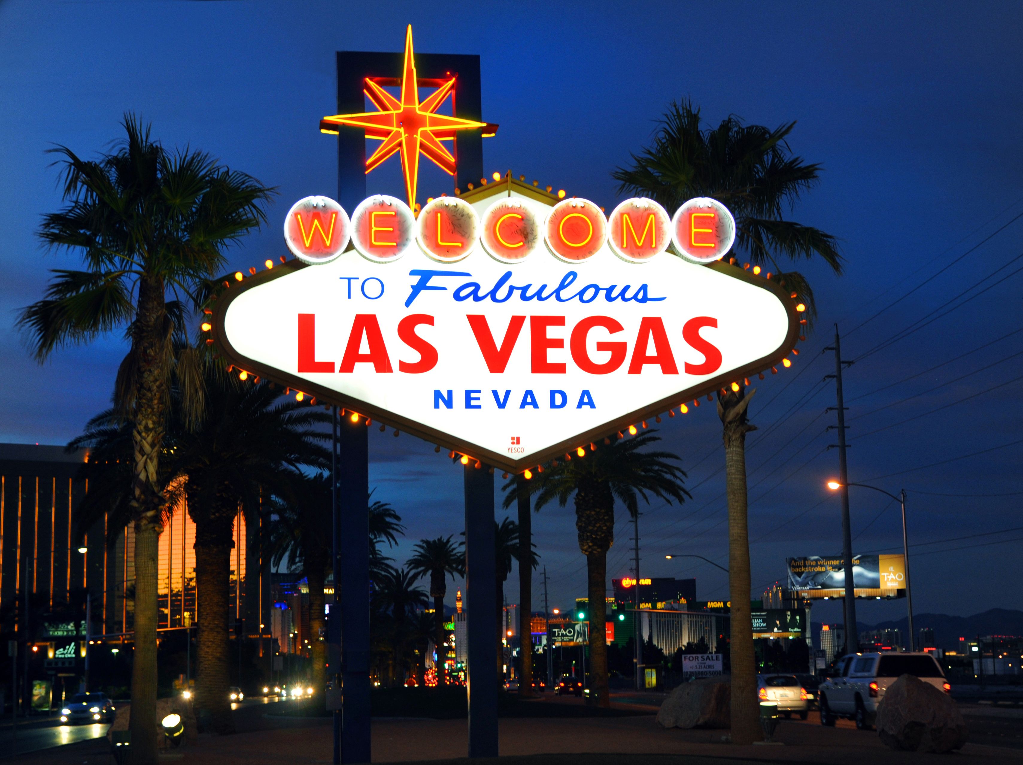 View of the Las Vegas Boulevard at night with lots of hotels and casinos in Las  Vegas. Stock Photo