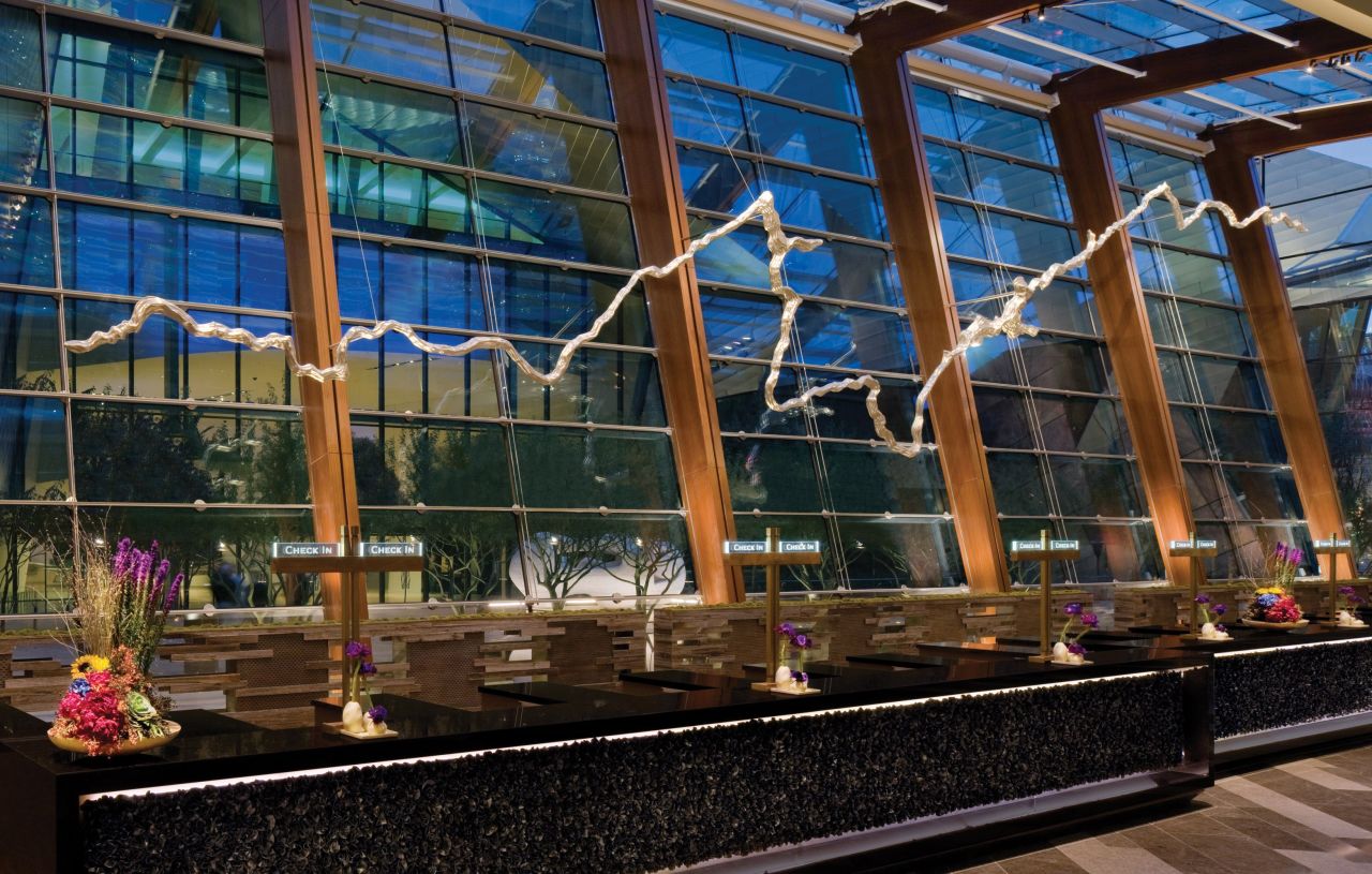 <strong>Public art at City Center.</strong> Maya Lin's "Silver River," which hangs behind the registration desk at Aria Las Vegas, depicts the course of the Colorado River. Aria is an MGM Resorts property, and the company has invested $40 million over the last 10 years in public art at the 67-acre City Center.