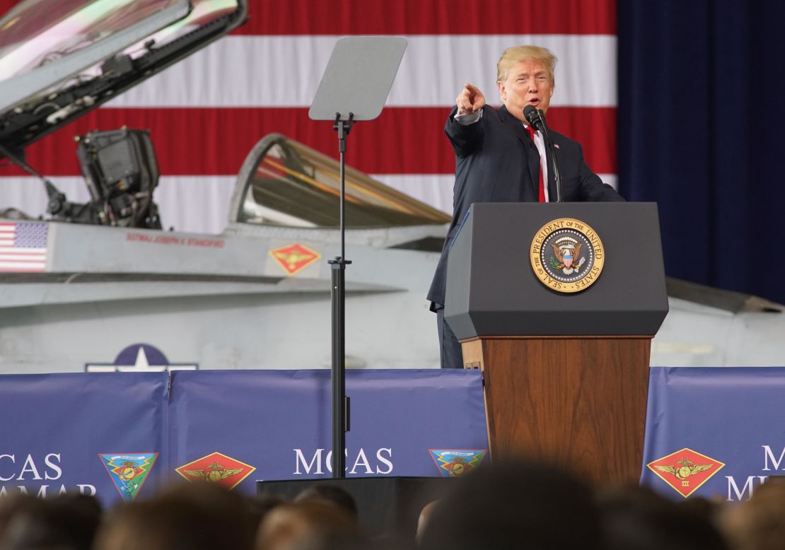 President Donald Trump addresses US troops in San Diego, California on March 13, 2018.