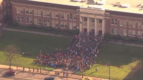 Students pour out of Benson Polytechnic High School in Portland