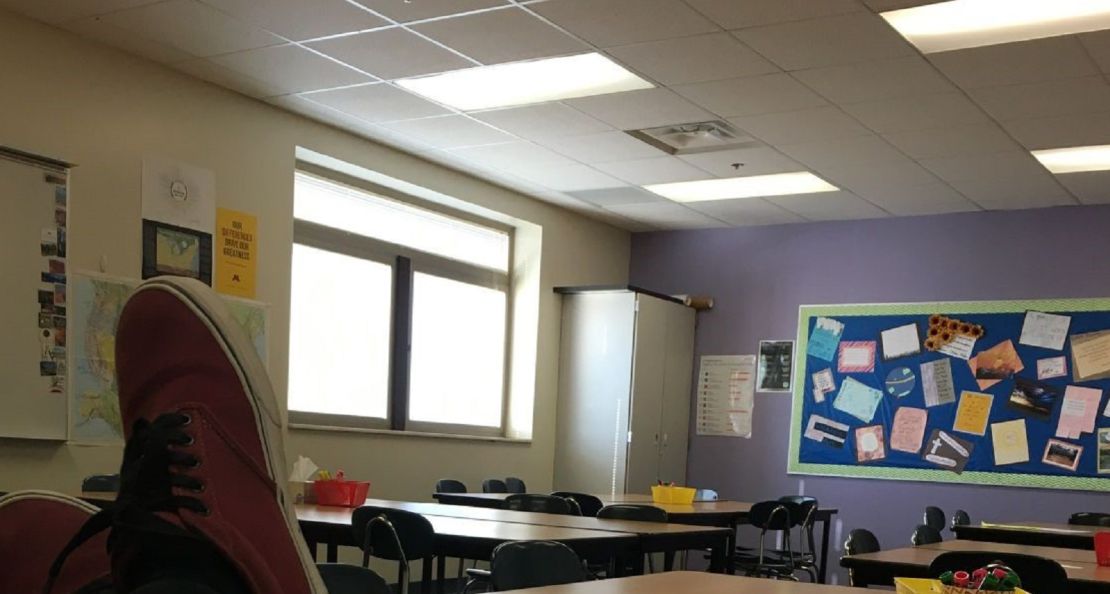 Noah Borba sits in an empty classroom Wednesday.