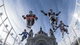 Maxwell Dunne and Cameron Naasz of the United States and Scott Croxall and Kyle Croxall of Canada perform during a trainings session at the first stage of the ATSX Ice Cross Downhill World Championship at the Red Bull Crashed Ice in Saint Paul, United States on January 18, 2018. // Joerg Mitter / Red Bull Content Pool // AP-1UGE31GF92111 // Usage for editorial use only // Please go to www.redbullcontentpool.com for further information. // 