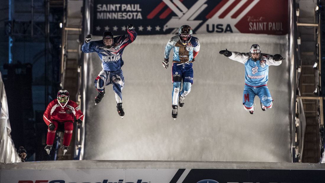 Four skaters compete at one time, trying to be the fastest down while not colliding with one other. 