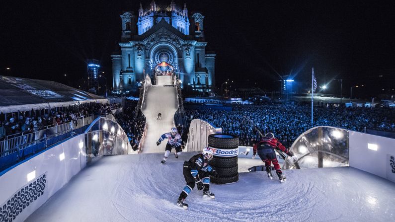 With a starting gate in front of the massive stained-glass window above the cathedral's entrance, Crashed Ice St. Paul has one of the more dramatic entrances in the race series.