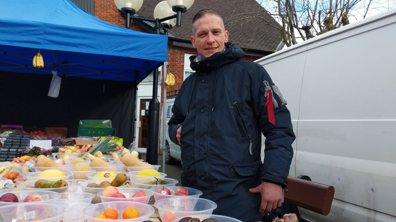 Danny Styles, outside his market stall in the center of Salisbury. 