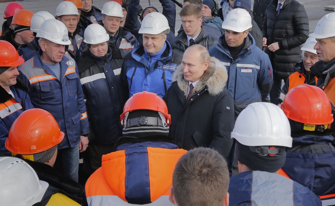 Putin inspects the Crimean Bridge over the Kerch Strait.