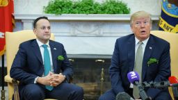 US President Donald Trump (R) speaks during a meeting with Ireland's Prime Minister Leo Varadkar (L) in the Oval Office of the White House on March 15, 2018 in Washington, DC. / AFP PHOTO / MANDEL NGAN        (Photo credit should read MANDEL NGAN/AFP/Getty Images)