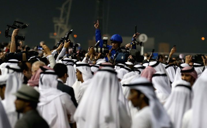 Silvestre de Sousa celebrates riding African Story to victory in the 2014 Dubai World Cup.