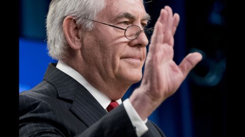 US Secretary of State Rex Tillerson waves goodbye after speaking at a news conference in Washington on Tuesday, March 13. President Donald Trump announced Tuesday <a href="https://www.cnn.com/2018/03/13/politics/rex-tillerson-secretary-of-state/index.html" target="_blank">that he had fired Tillerson</a> and will nominate CIA Director Mike Pompeo to succeed him. Tillerson thanked the American people, his State Department staff and the nation's extensive network of diplomats during his farewell statement.