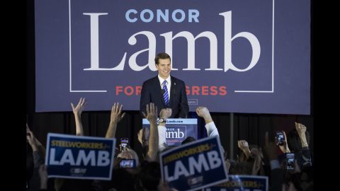 Conor Lamb, a candidate for Pennsylvania's 18th congressional district, speaks to supporters at an election night rally in Canonsburg on Wednesday, March 14. Lamb, a Democrat, <a href="https://www.cnn.com/2018/03/13/politics/pennsylvania-special-election-lamb-saccone/index.html" target="_blank">is poised to deliver a stunning upset in the district,</a> which Republican Donald Trump handily won during the 2016 presidential election. Lamb holds a 627-vote lead over Republican Rick Saccone. There are some remaining votes to be counted, however, including provisional ballots and any military or overseas ballots.