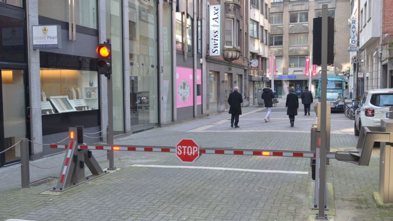 <strong>Unassuming hub:</strong> Hoveniersstraat, the center of Antwerp's diamond industry, is a nondescript 1960s-style street protected by a police station, dozens of CCTV cameras and several armed soldiers.