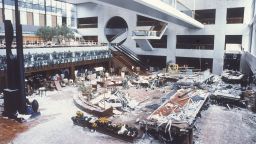The wreckage of two catwalks is scattered through the lobby of the Kansas City Hyatt Regency Hotel, July 19, 1981, after a collapse on Friday night.  A fourth floor walkway  fell on to the second floor walkway, then both crashed onto a crowded dance floor in the lobby, killing over 100 people and injuring many more.   (AP Photo/Pete Leabo)