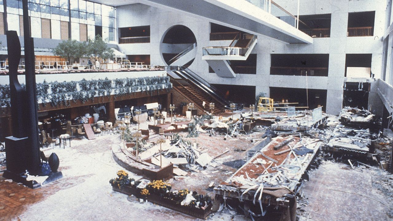 The wreckage of two catwalks is scattered through the lobby of the Kansas City Hyatt Regency Hotel on July 19, 1981.