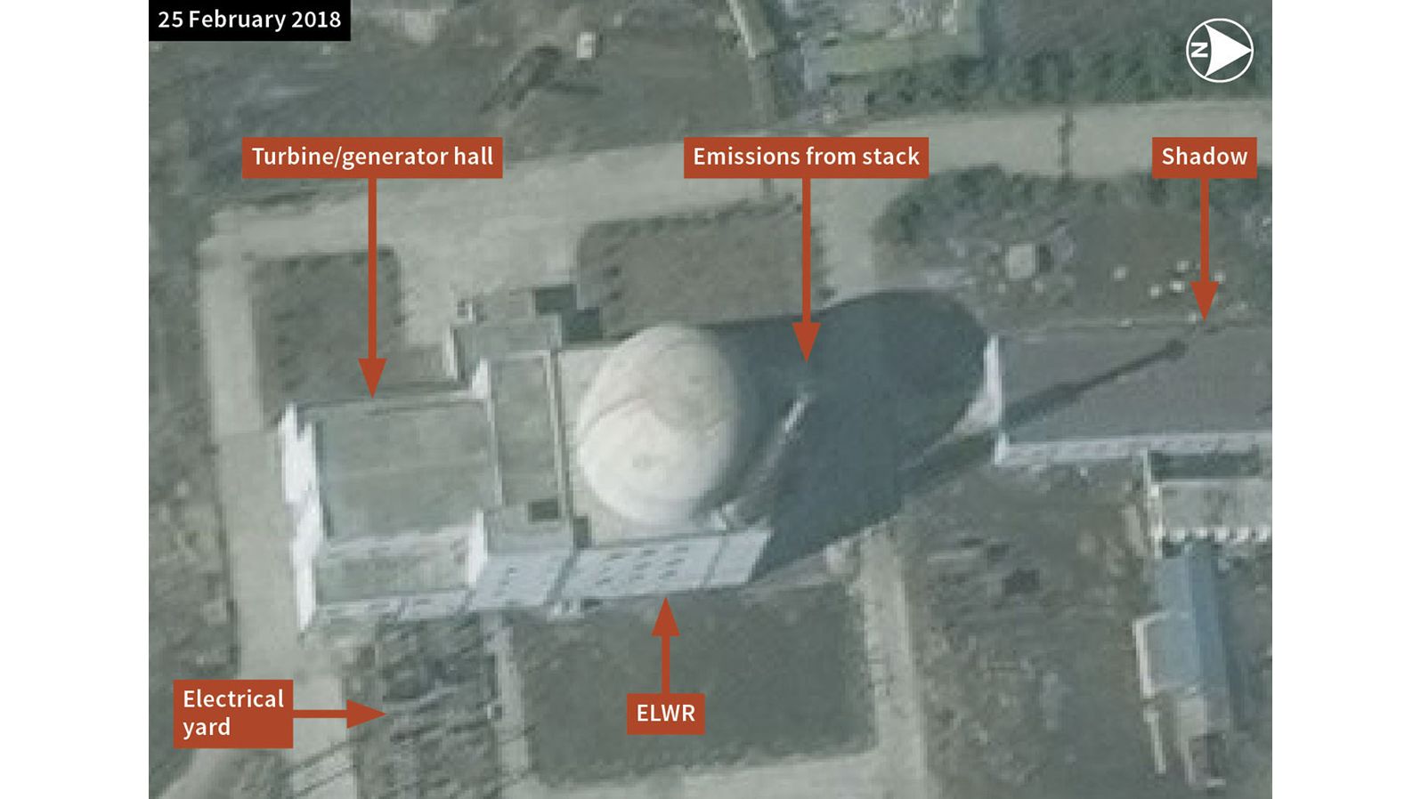DigitalGlobe imagery showing emissions from the stack at the Yongbyon experimental light water reactor in February.