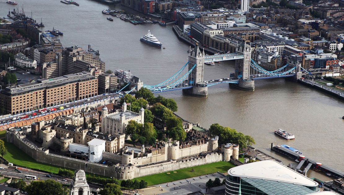 Tower Bridge can be glimpsed from inside the Tower of London's walls.