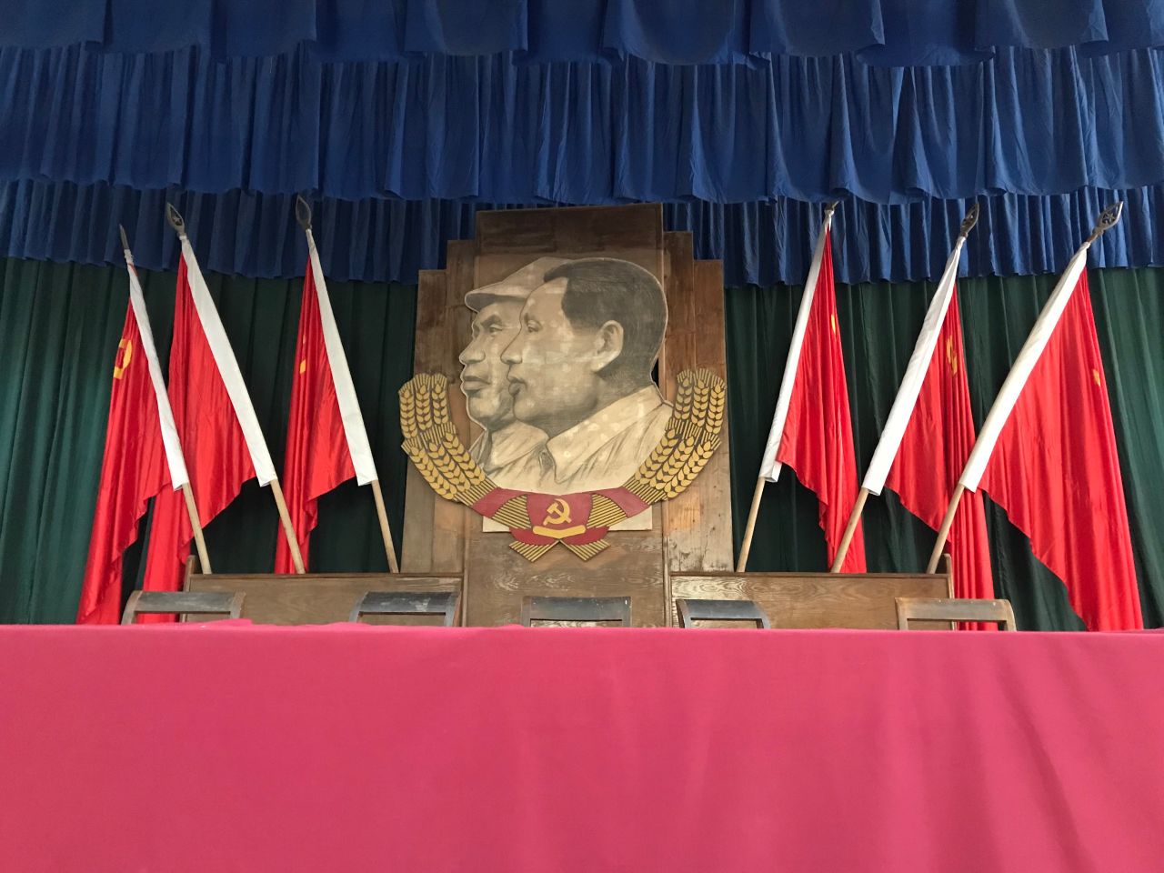 Mao's portrait is hung at the Yangjialing auditorium in Yan'an, where the Chinese Communist Party held its seventh national congress in 1945, during which Mao Zedong Thought was confirmed as the party's guiding principle.