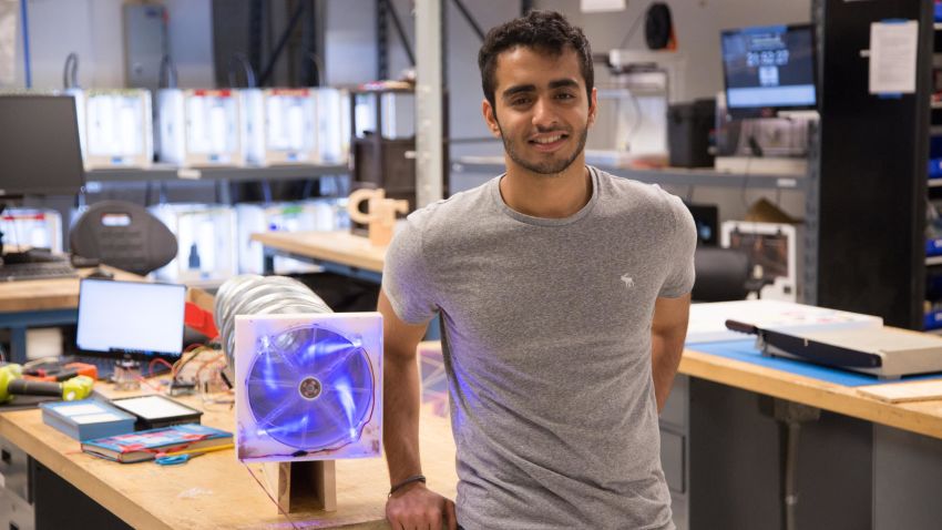 Nineteen-year-old Angad Daryani in a workshop at the Georgia Institute of Technology with his prototype air filter.
