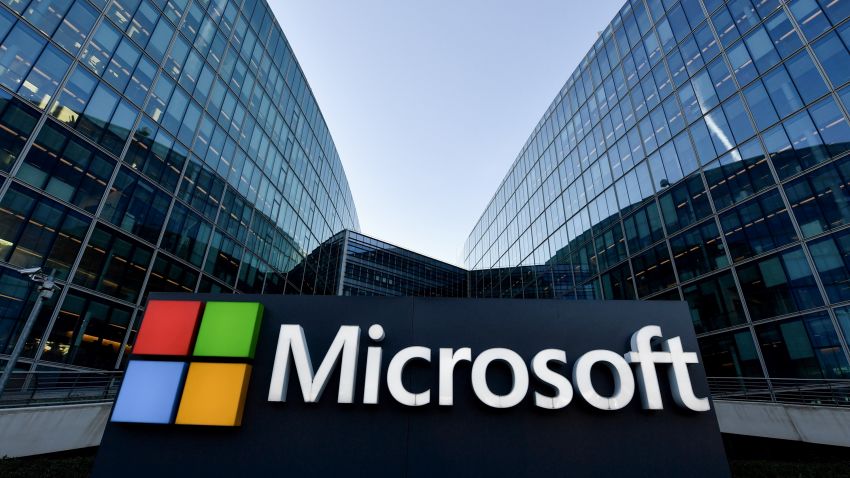 The logo of French headquarters of American multinational technology company Microsoft, is pictured outside on March 6, 2018 in Issy-Les-Moulineaux, a Paris' suburb. / AFP PHOTO / GERARD JULIEN        (Photo credit should read GERARD JULIEN/AFP/Getty Images)