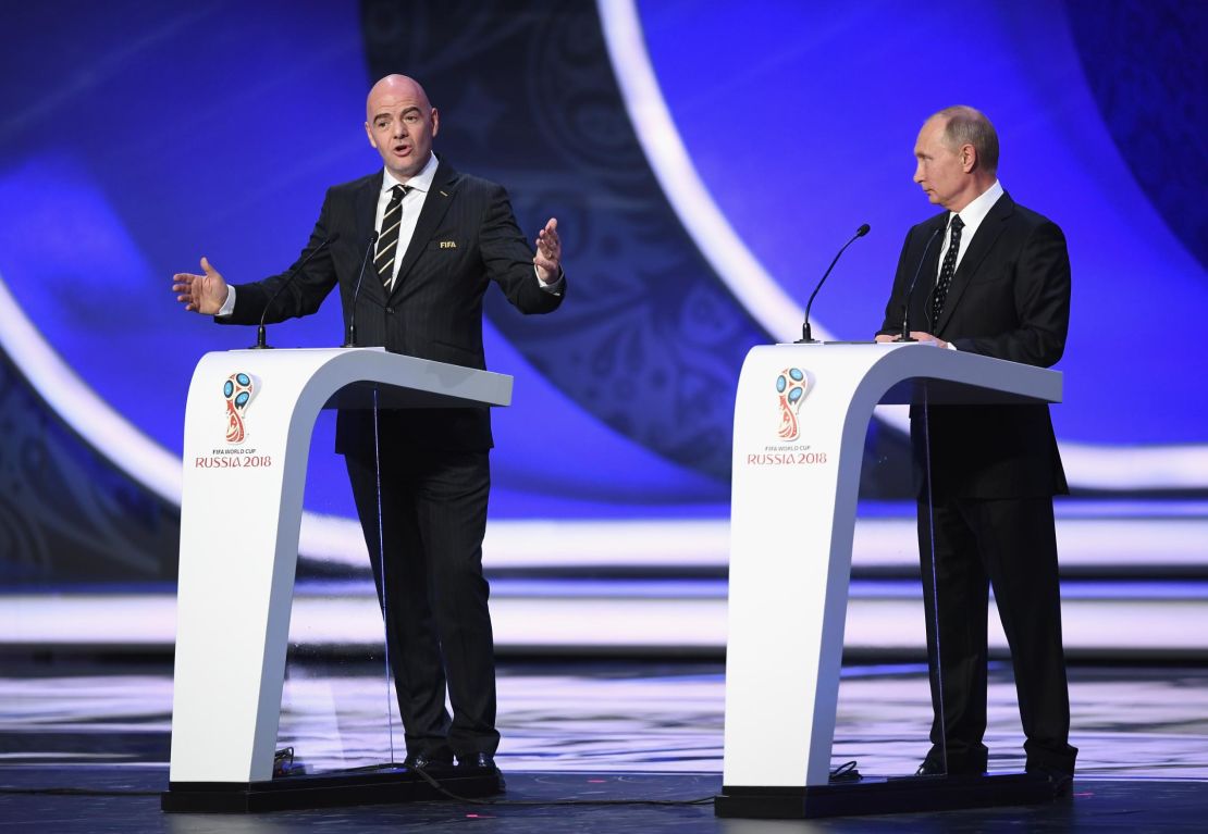 FIFA President Gianni Infantino alongside Russian President Vladimir Putin at the draw for the 2018 World Cup