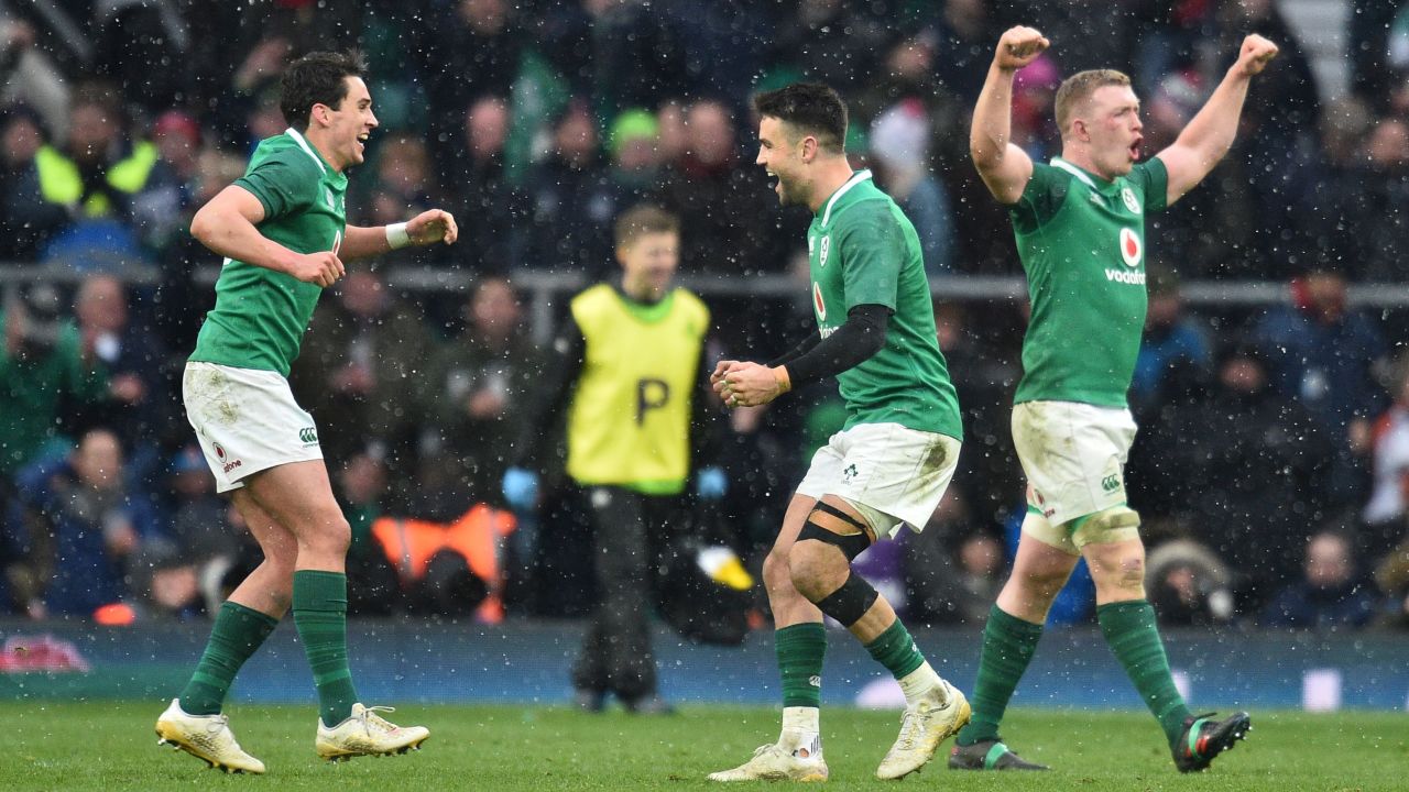 Ireland players celebrate at the final whistle in London. 