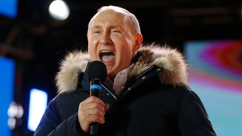 Presidential candidate, President Vladimir Putin addresses the crowd during a rally and a concert celebrating the fourth anniversary of Russia's annexation of Crimea at Manezhnaya Square in Moscow on March 18, 2018. / AFP PHOTO / POOL / Alexander Zemlianichenko        (Photo credit should read ALEXANDER ZEMLIANICHENKO/AFP/Getty Images)